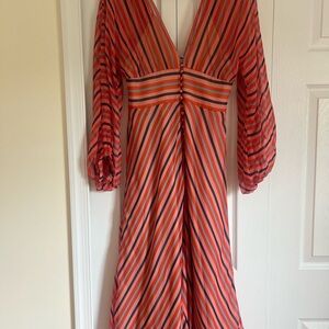 LELA ROAE Striped V-Neck Dress - Red/Pink
